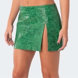 Edikted Green Leather Snake Print Mini Skirt